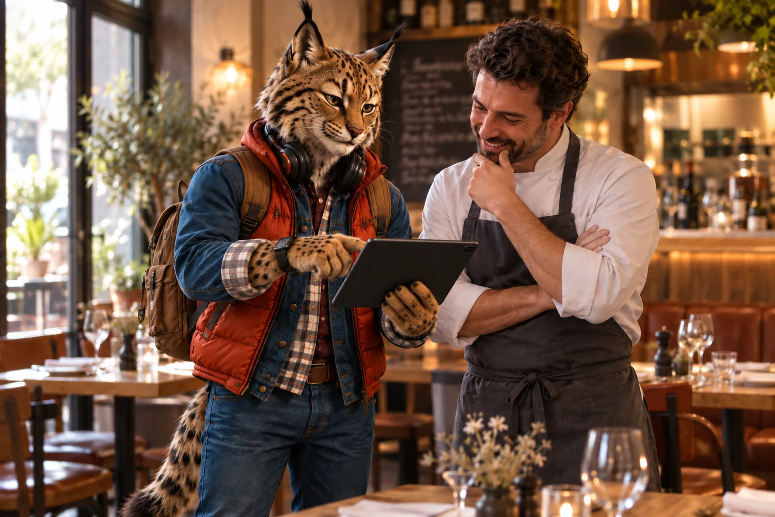 Illustration de Flash le lynx échangeant avec un restaurateur autour d’une tablette